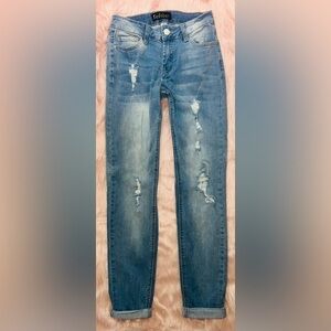 Resfeber Jeans, boyfriend, straight, ankle cuffed, factory distressed. Sz. 0